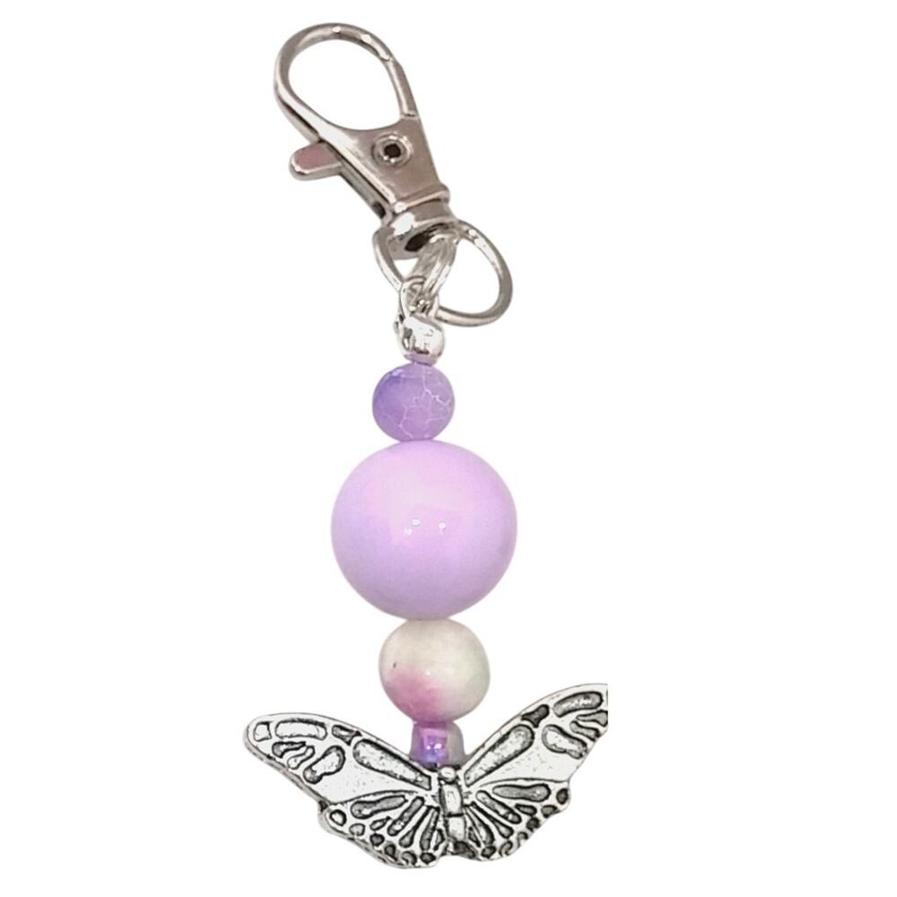 Handmade Beaded Butterfly Bag Charm Tibetan Silver Light Purple Keychain NEW